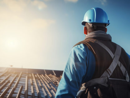 A roofer worker in special protective workwear and gloves is seen in a building construction background